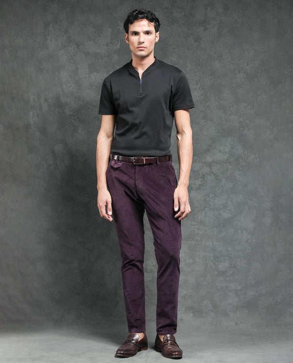 Rare Rabbit Men's Cloy Purple Solid Mid-Rise Regular Fit Velvet Trousers