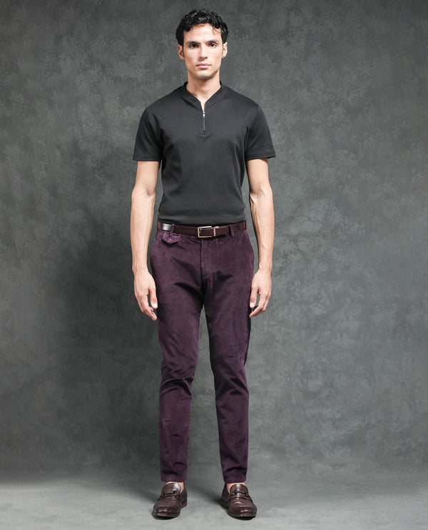 Rare Rabbit Men's Cloy Purple Solid Mid-Rise Regular Fit Velvet Trousers