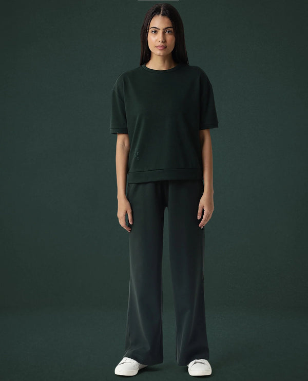 Rareism Women Coco Dark Green Cotton Fabric Half Sleeves Relaxed Fit Solid Round Neck Sweat Tee