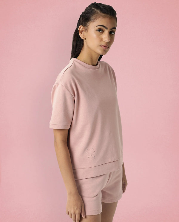 Rareism Women Coco Dusky Pink Cotton Fabric Half Sleeves Relaxed Fit Solid Round Neck Sweat Tee