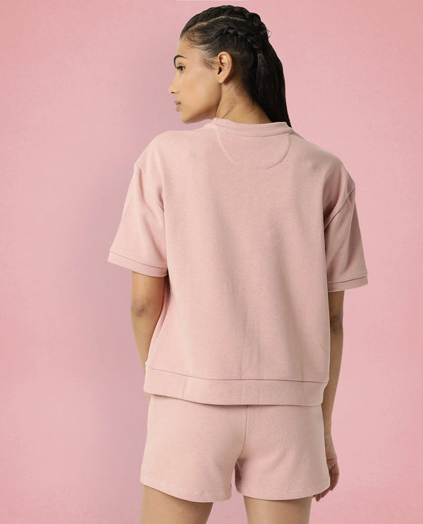 Rareism Women Coco Dusky Pink Cotton Fabric Half Sleeves Relaxed Fit Solid Round Neck Sweat Tee