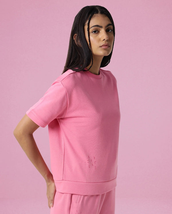 Rareism Women Coco Flouroscent Pink Cotton Fabric Half Sleeves Relaxed Fit Solid Round Neck Sweat Tee