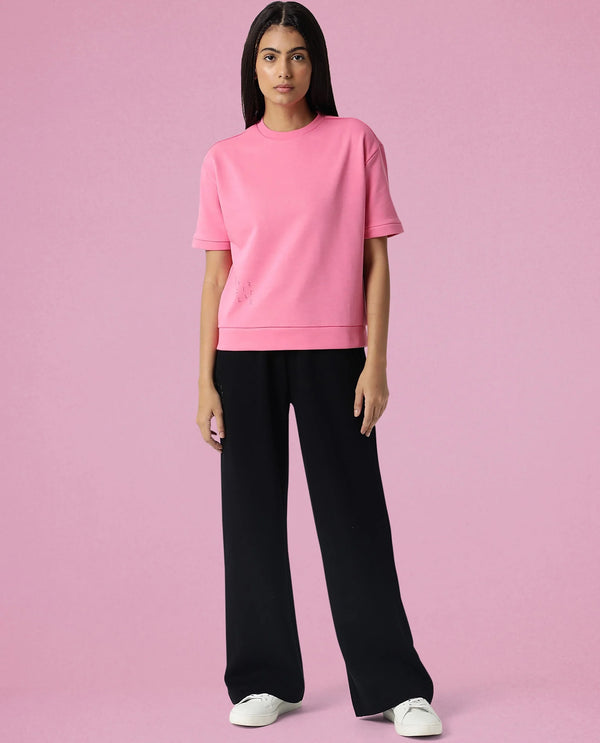 Rareism Women Coco Flouroscent Pink Cotton Fabric Half Sleeves Relaxed Fit Solid Round Neck Sweat Tee