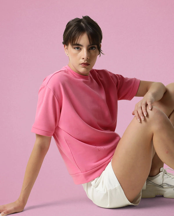 Rareism Women Coco Flouroscent Pink Cotton Fabric Half Sleeves Relaxed Fit Solid Round Neck Sweat Tee