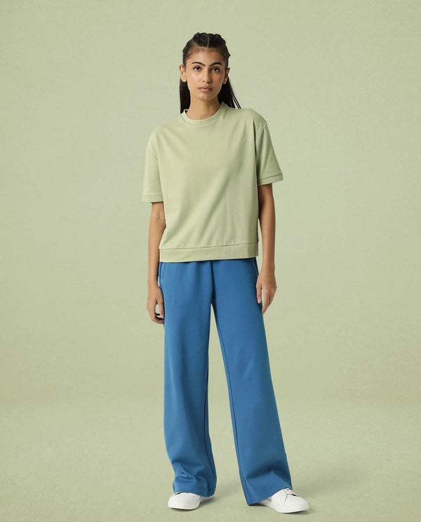 Rareism Women Coco Light Green Cotton Fabric Half Sleeves Relaxed Fit Solid Round Neck Sweat Tee