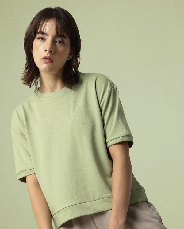Rareism Women Coco Light Green Cotton Fabric Half Sleeves Relaxed Fit Solid Round Neck Sweat Tee
