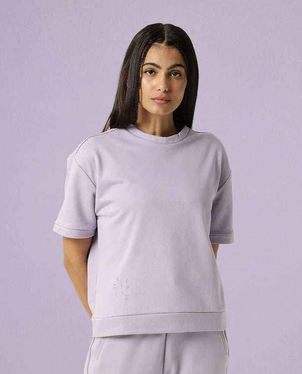 Rareism Women Coco Light Pink Cotton Fabric Half Sleeves Relaxed Fit Solid Round Neck Sweat Tee