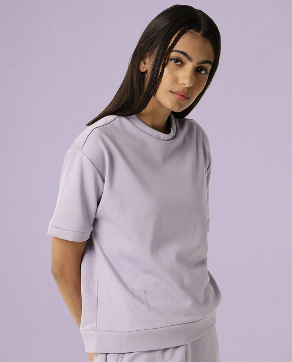 Rareism Women Coco Light Pink Cotton Fabric Half Sleeves Relaxed Fit Solid Round Neck Sweat Tee