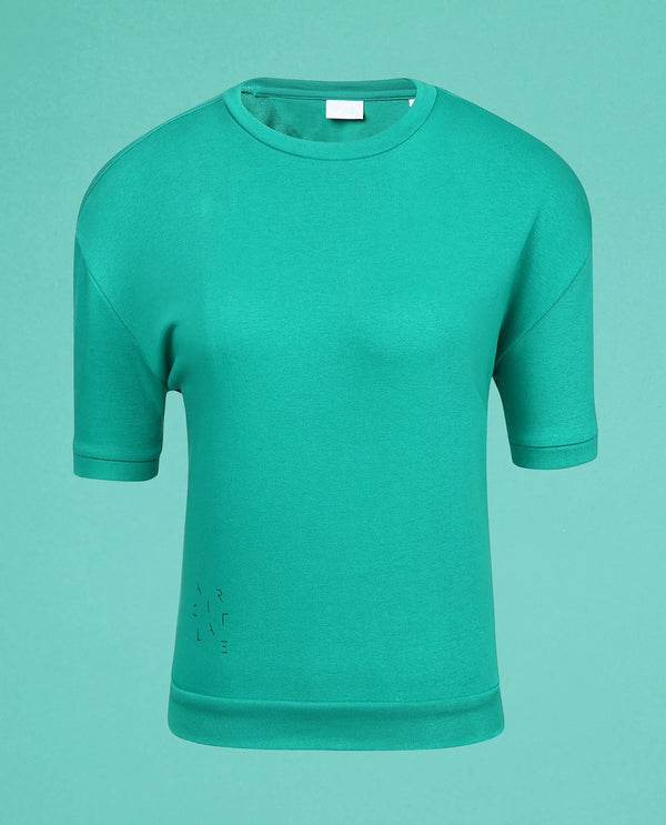 Rareism Women Coco Green Cotton Fabric Half Sleeves Relaxed Fit Solid Round Neck Sweat Tee