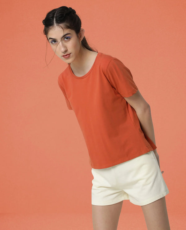 Rareism Women Coco Orange Cotton Fabric Half Sleeves Relaxed Fit Solid Round Neck Sweat Tee