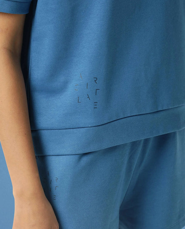 Rareism Women Coco Petrol Cotton Fabric Half Sleeves Relaxed Fit Solid Round Neck Sweat Tee