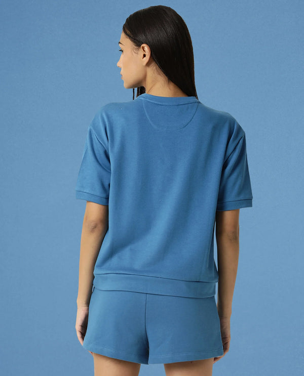 Rareism Women Coco Petrol Cotton Fabric Half Sleeves Relaxed Fit Solid Round Neck Sweat Tee