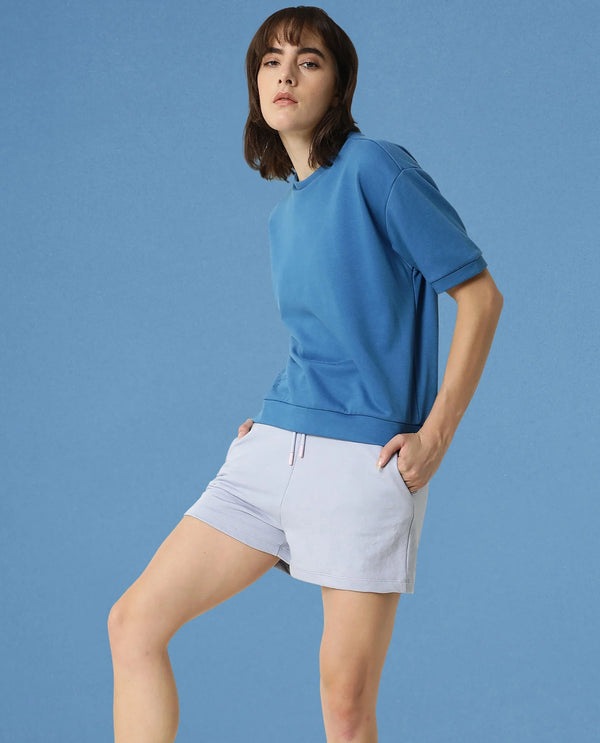 Rareism Women Coco Petrol Cotton Fabric Half Sleeves Relaxed Fit Solid Round Neck Sweat Tee