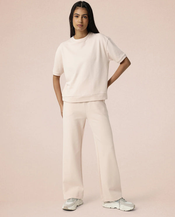 Rareism Women Coco Pink Cotton Fabric Half Sleeves Relaxed Fit Solid Round Neck Sweat Tee