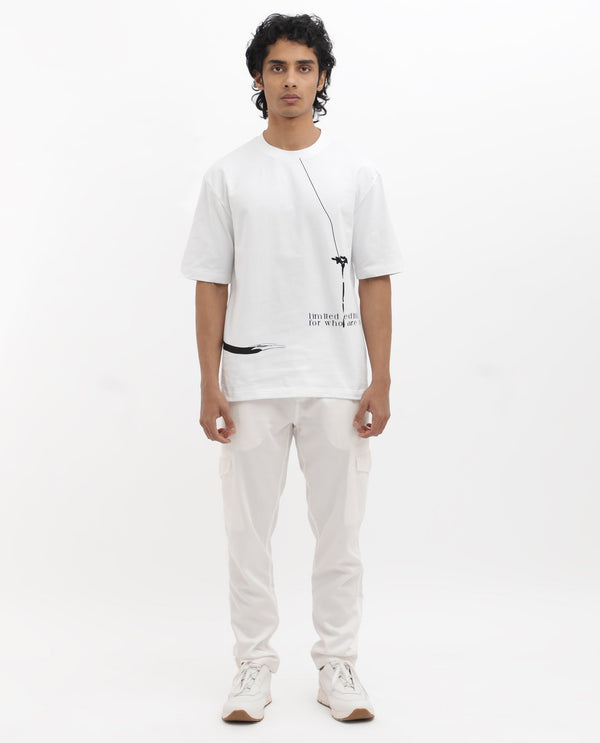 Rare Rabbit Articale Men's Cody White Cotton Fabric Crew Neck Oversized Fit Graphic Print T-Shirt