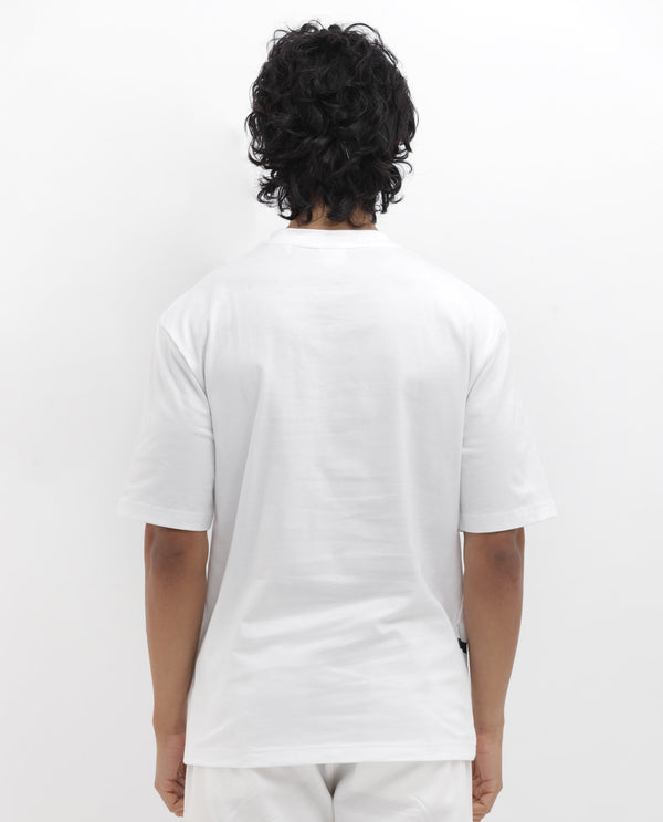Rare Rabbit Articale Men's Cody White Cotton Fabric Crew Neck Oversized Fit Graphic Print T-Shirt