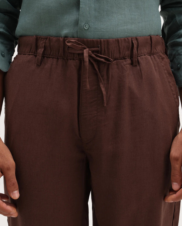 Rare Rabbit Men Coft-B Brown Cotton Linen Fabric Drawstring Closure Plain Trouser