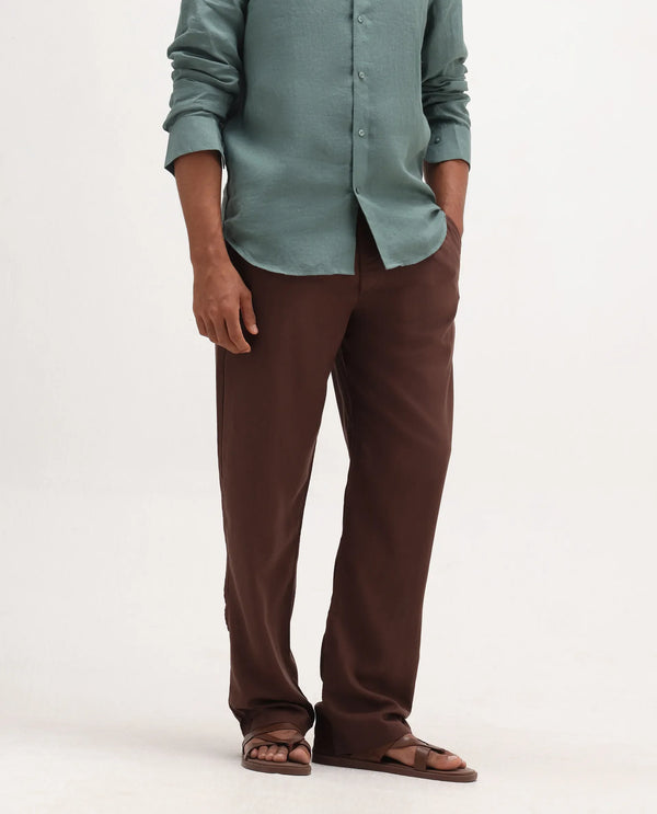 Rare Rabbit Men Coft-B Brown Cotton Linen Fabric Drawstring Closure Plain Trouser