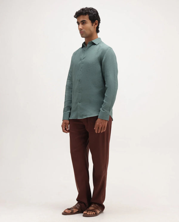 Rare Rabbit Men Coft-B Brown Cotton Linen Fabric Drawstring Closure Plain Trouser
