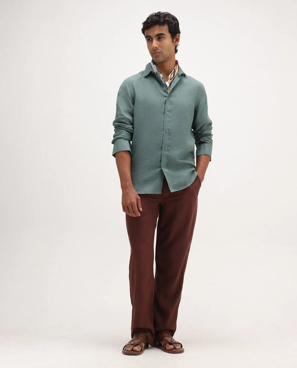 Rare Rabbit Men Coft-B Brown Cotton Linen Fabric Drawstring Closure Plain Trouser