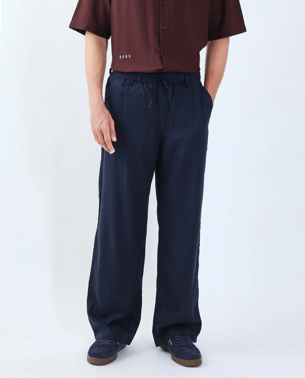 Rare Rabbit Men Coft-B Navy Cotton Linen Fabric Drawstring Closure Plain Trouser