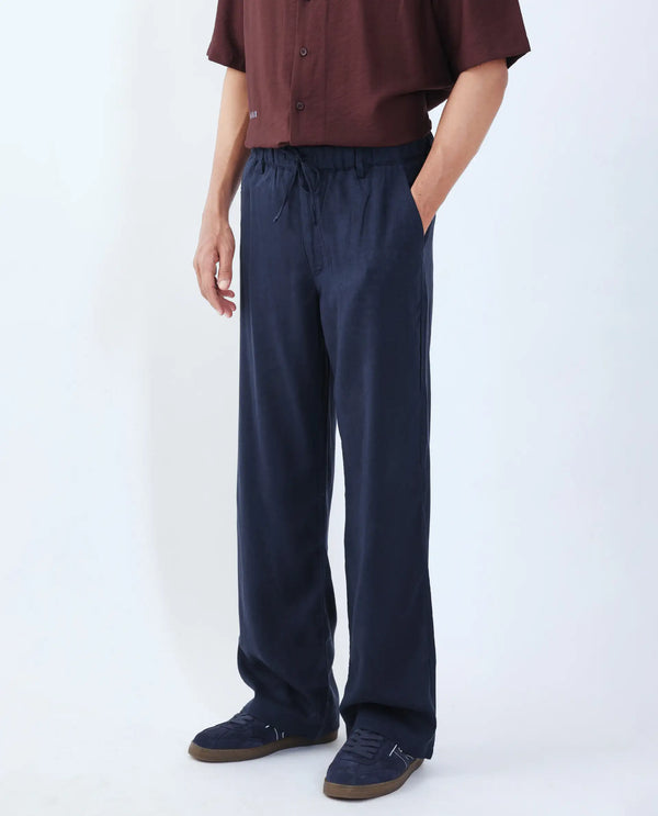 Rare Rabbit Men Coft-B Navy Cotton Linen Fabric Drawstring Closure Plain Trouser