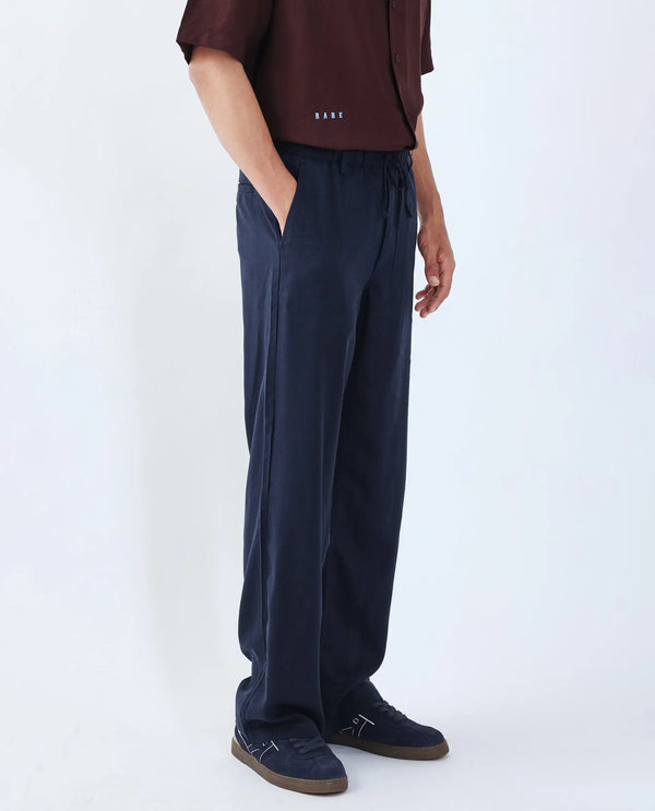 Rare Rabbit Men Coft-B Navy Cotton Linen Fabric Drawstring Closure Plain Trouser