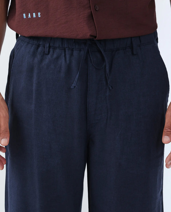 Rare Rabbit Men Coft-B Navy Cotton Linen Fabric Drawstring Closure Plain Trouser