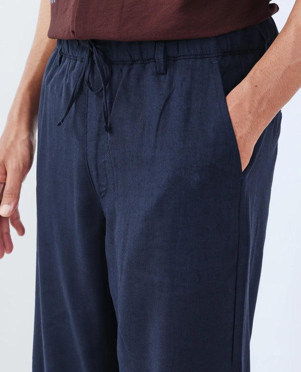 Rare Rabbit Men Coft-B Navy Cotton Linen Fabric Drawstring Closure Plain Trouser