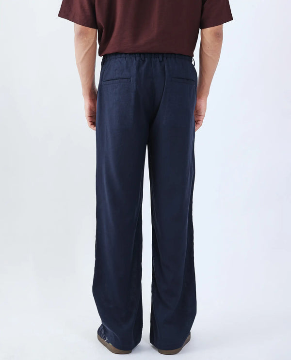Rare Rabbit Men Coft-B Navy Cotton Linen Fabric Drawstring Closure Plain Trouser