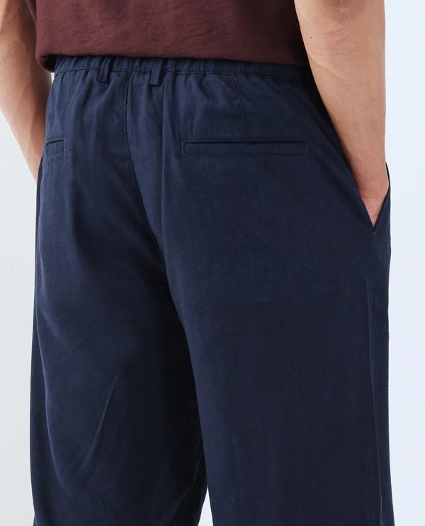 Rare Rabbit Men Coft-B Navy Cotton Linen Fabric Drawstring Closure Plain Trouser