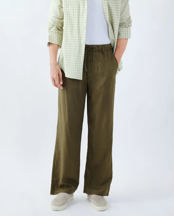 Rare Rabbit Men Coft-B Olive Cotton Linen Fabric Drawstring Closure Plain Trouser