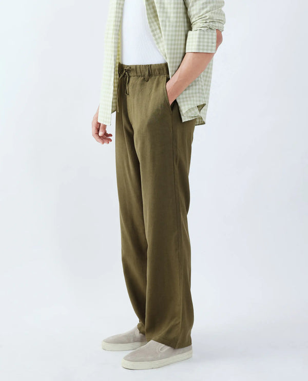 Rare Rabbit Men Coft-B Olive Cotton Linen Fabric Drawstring Closure Plain Trouser