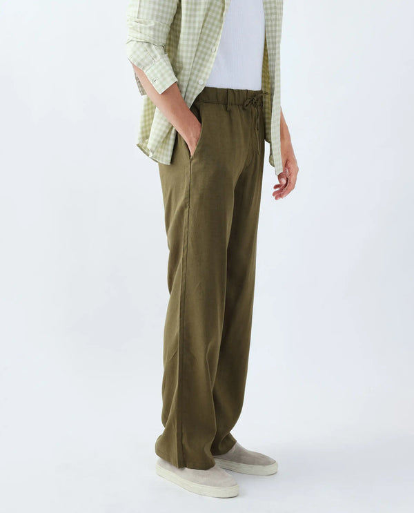 Rare Rabbit Men Coft-B Olive Cotton Linen Fabric Drawstring Closure Plain Trouser
