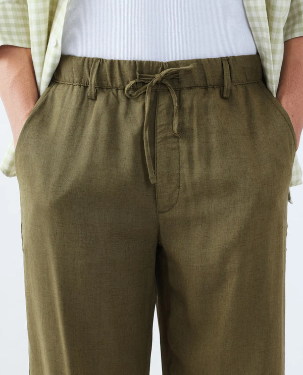 Rare Rabbit Men Coft-B Olive Cotton Linen Fabric Drawstring Closure Plain Trouser