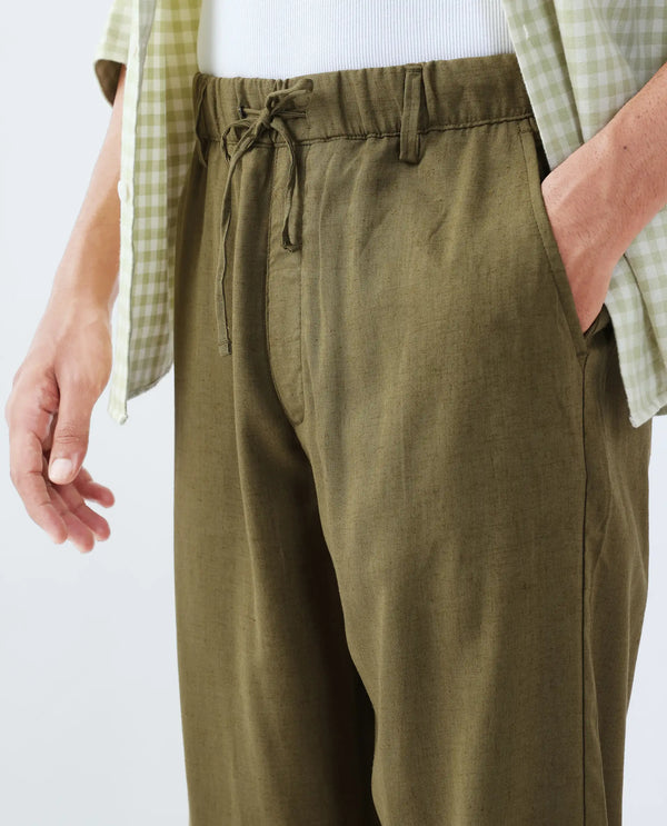 Rare Rabbit Men Coft-B Olive Cotton Linen Fabric Drawstring Closure Plain Trouser