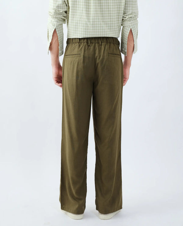 Rare Rabbit Men Coft-B Olive Cotton Linen Fabric Drawstring Closure Plain Trouser