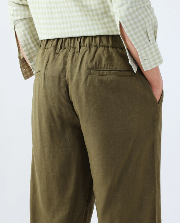 Rare Rabbit Men Coft-B Olive Cotton Linen Fabric Drawstring Closure Plain Trouser