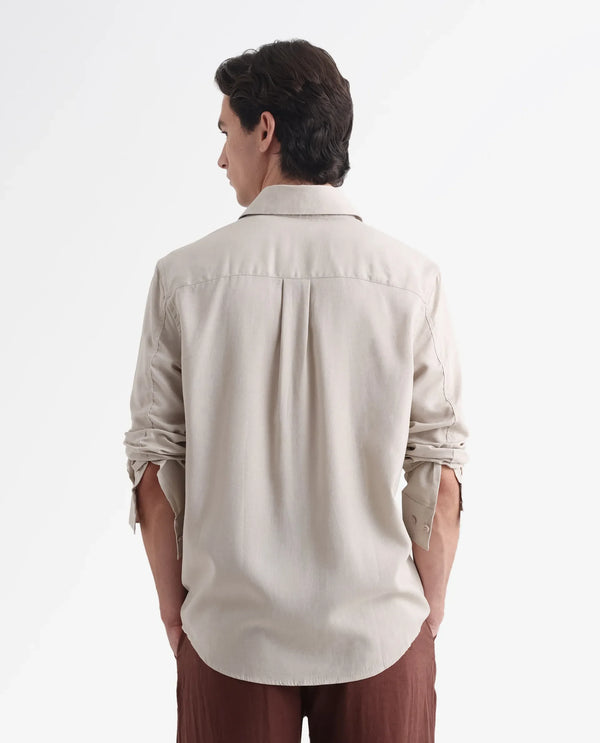 Rare Rabbit Men Coft Beige Cotton Linen Fabric Full Sleeve Collared Neck Button Closure Boxy Fit Plain Shirt