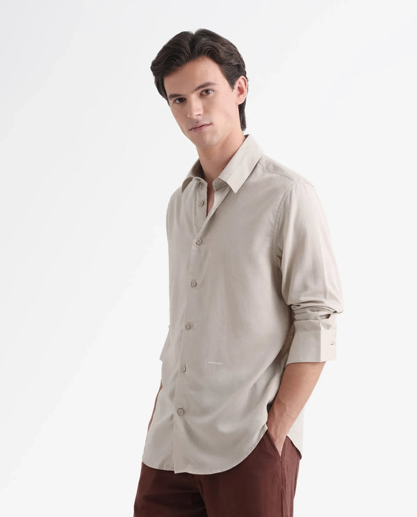 Rare Rabbit Men Coft Beige Cotton Linen Fabric Full Sleeve Collared Neck Button Closure Boxy Fit Plain Shirt