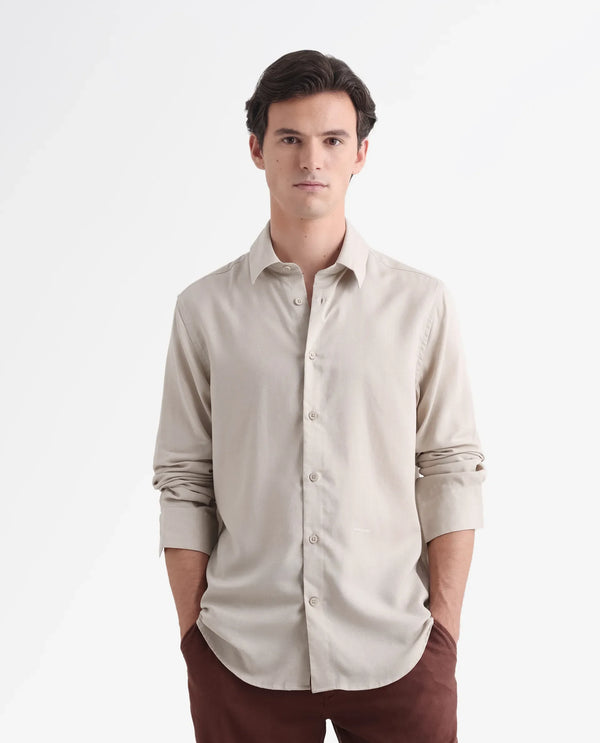 Rare Rabbit Men Coft Beige Cotton Linen Fabric Full Sleeve Collared Neck Button Closure Boxy Fit Plain Shirt