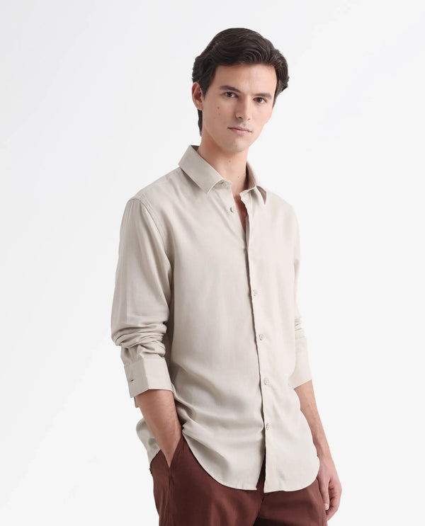 Rare Rabbit Men Coft Beige Cotton Linen Fabric Full Sleeve Collared Neck Button Closure Boxy Fit Plain Shirt
