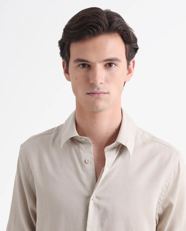 Rare Rabbit Men Coft Beige Cotton Linen Fabric Full Sleeve Collared Neck Button Closure Boxy Fit Plain Shirt
