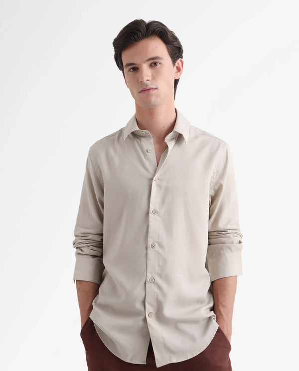 Rare Rabbit Men Coft Beige Cotton Linen Fabric Full Sleeve Collared Neck Button Closure Boxy Fit Plain Shirt