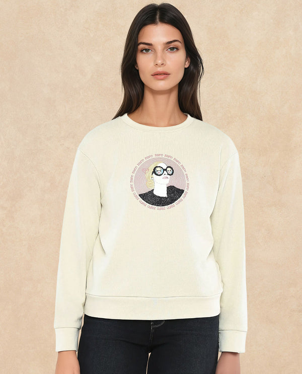 Rareism Women Colad Beige Cotton Blend Fabric Full Sleeve Crew Neck Relaxed Fit Graphic Print Sweatshirt