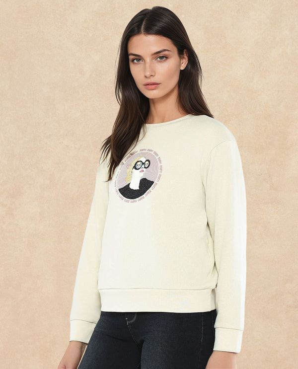 Rareism Women Colad Beige Cotton Blend Fabric Full Sleeve Crew Neck Relaxed Fit Graphic Print Sweatshirt
