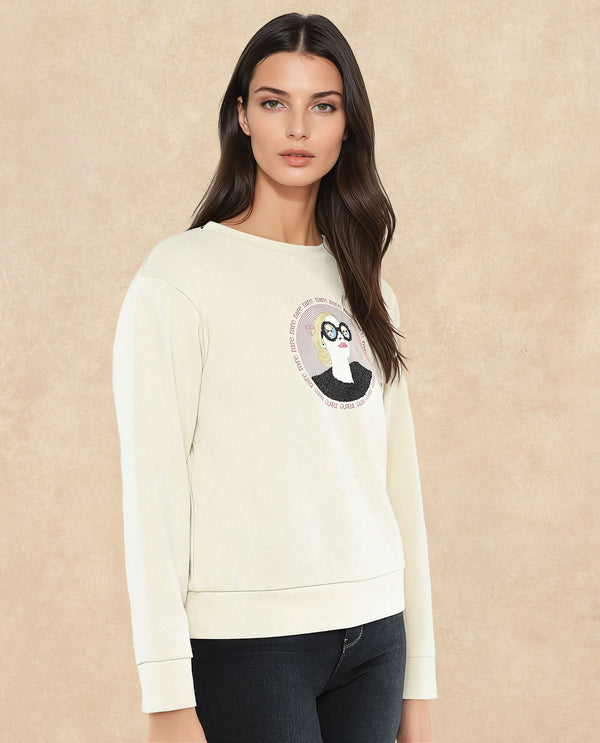 Rareism Women Colad Beige Cotton Blend Fabric Full Sleeve Crew Neck Relaxed Fit Graphic Print Sweatshirt