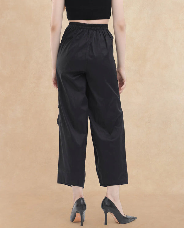 Rareism Women Colema Black Cotton Fabric Button Closure Relaxed Fit Plain Ankle Length Trousers