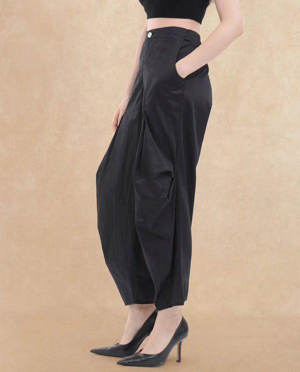 Rareism Women Colema Black Cotton Fabric Button Closure Relaxed Fit Plain Ankle Length Trousers