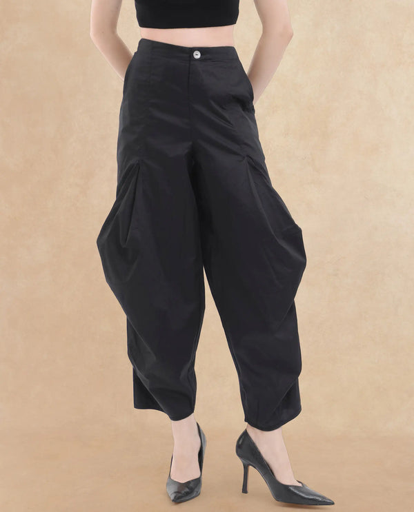 Rareism Women Colema Black Cotton Fabric Button Closure Relaxed Fit Plain Ankle Length Trousers